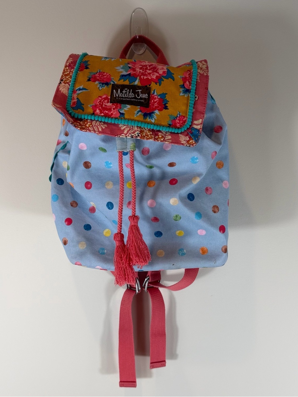 Matilda Jane Light Blue Polka Dot Backpack with Yellow Floral Flap